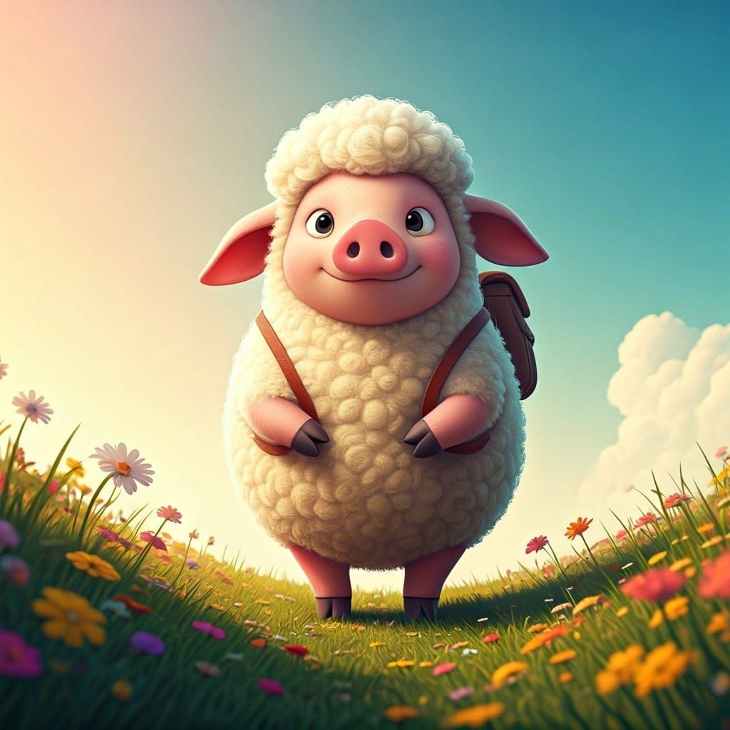 Heroic Sheep-Pig Hybrid in a Vibrant Meadow