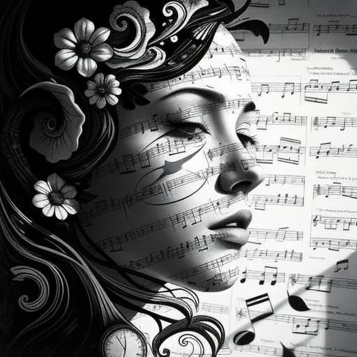 Monochrome Floral Portrait with Musical Notation in Analog F...