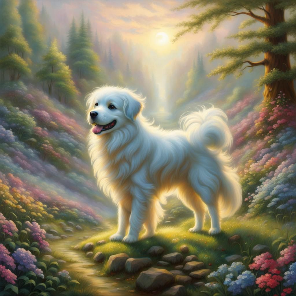 Giant Cute Dog in Ethereal, Hyperdetailed Landscape