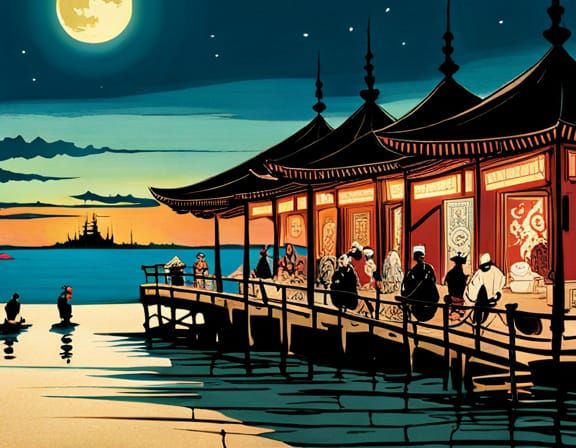 Moonlit Beach Fishing at Pagoda in Fantasycore Style