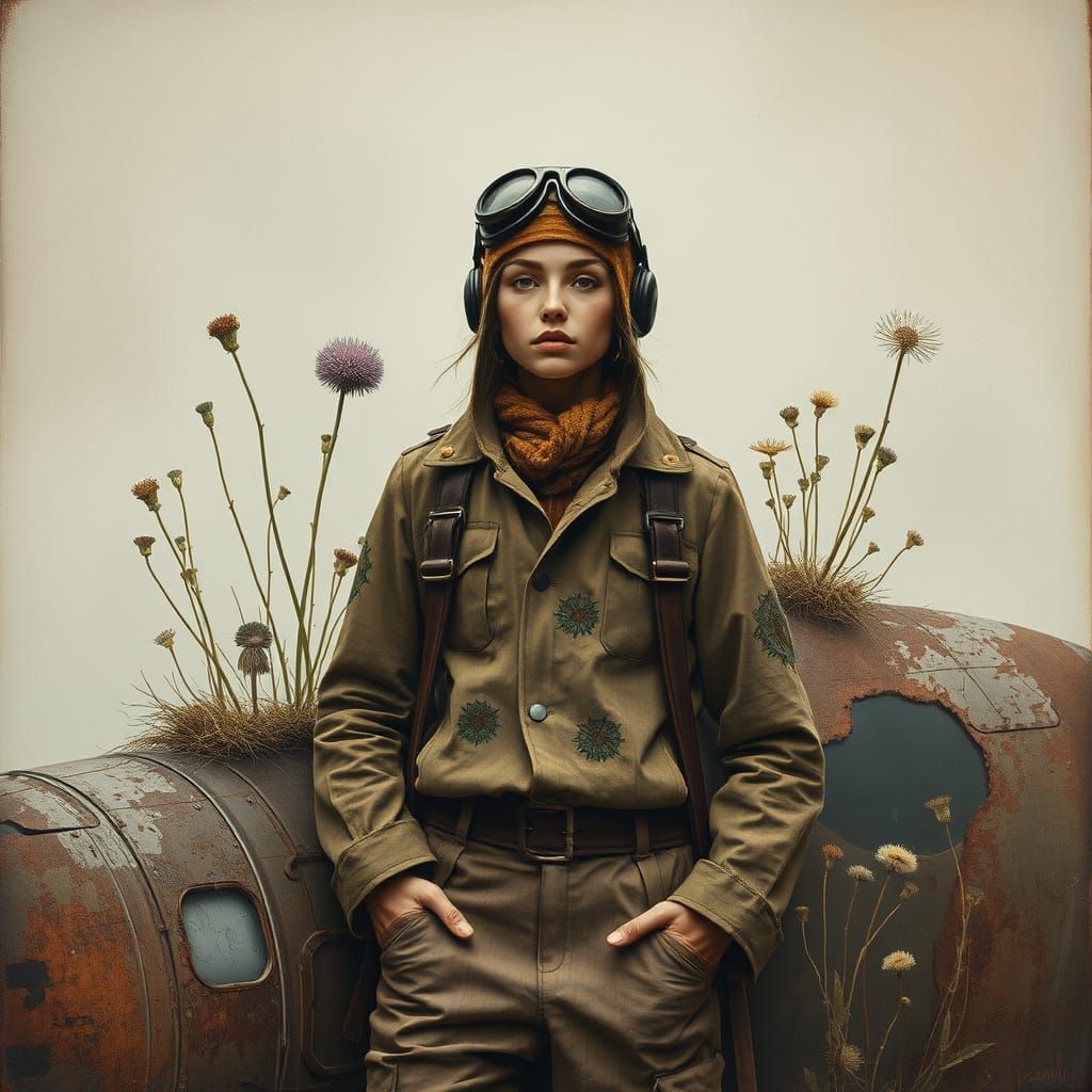 Whimsical Aviator in Earth-Toned Attire Beside a Distressed ...