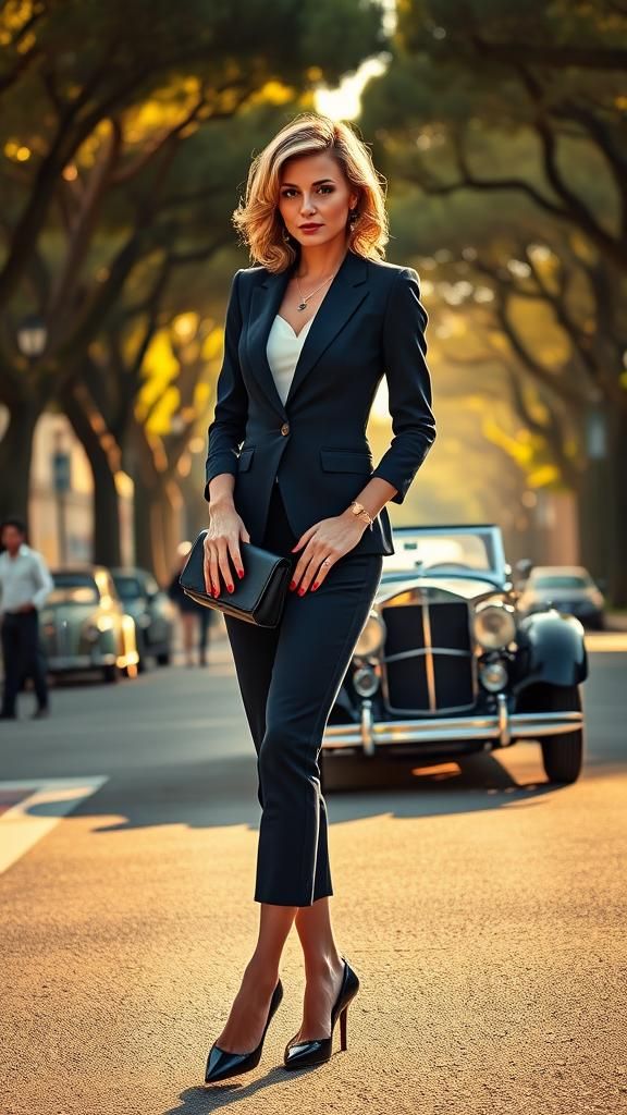 Elegant Woman Posing with Vintage Car in Italy
