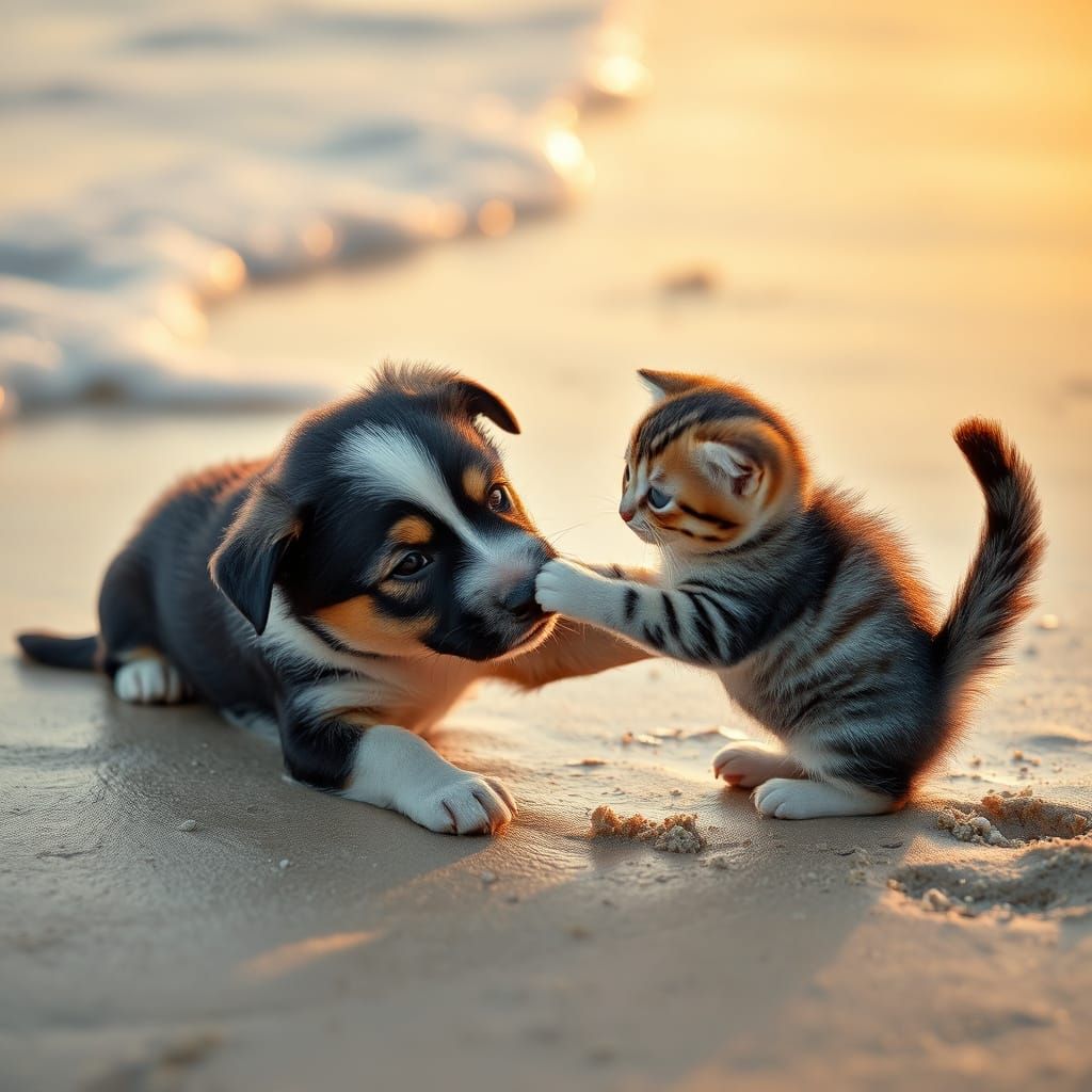 Playful Puppy and Kitten at Serene Beachside Oasis
