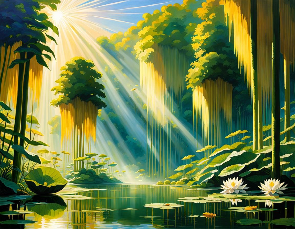 A beautiful lake lotus,  Greg Rutkowski Harlem renaissance matte painting beautiful colorful detailed painting sunshine ...