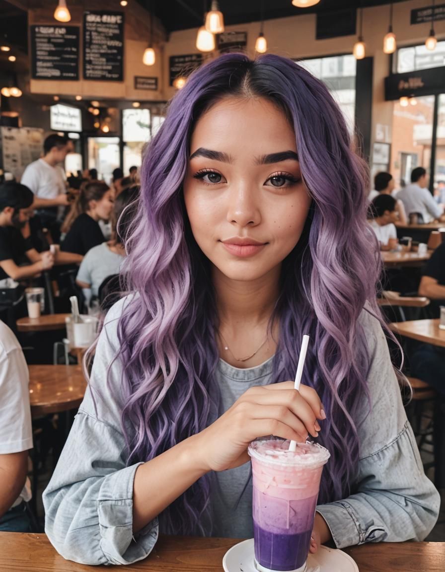 Girl with Purple Hair Drinking Slushie in Cafe