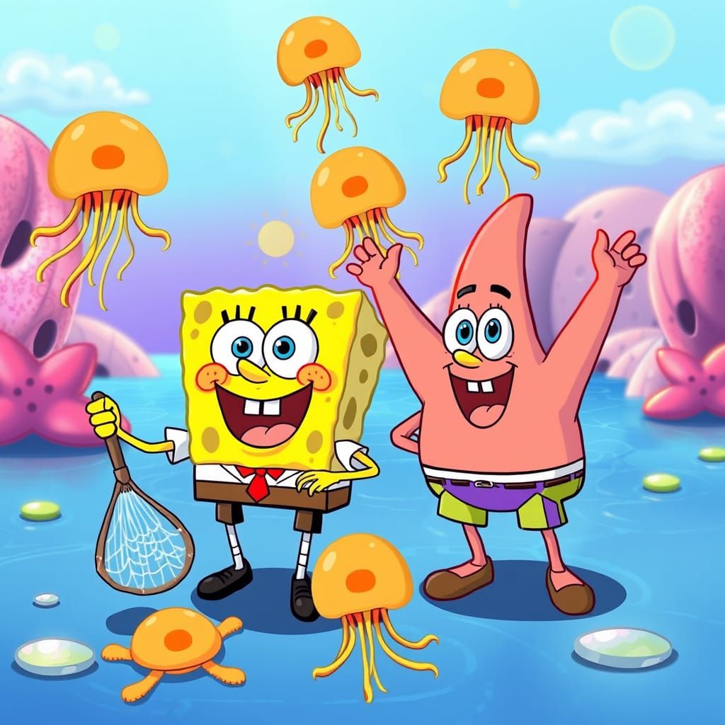Spongebob and Patrick Jellyfishing in Bikini Bottom