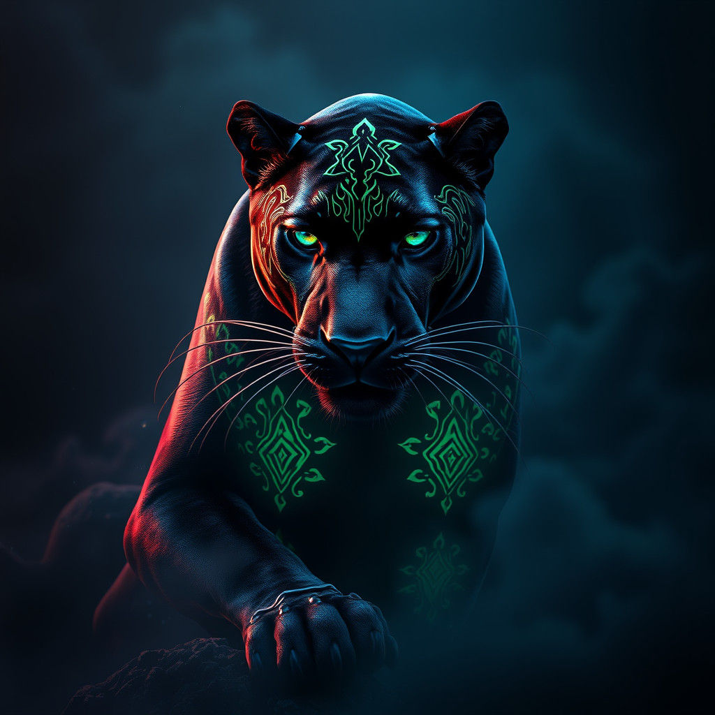 Black Panther with Glowing Markings in Dreamlike Setting