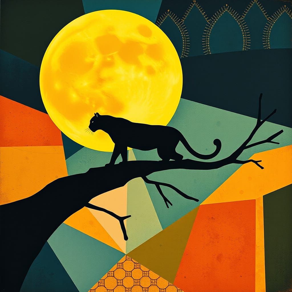 Jaguar Silhouette Under Full Moon in Cubist Style