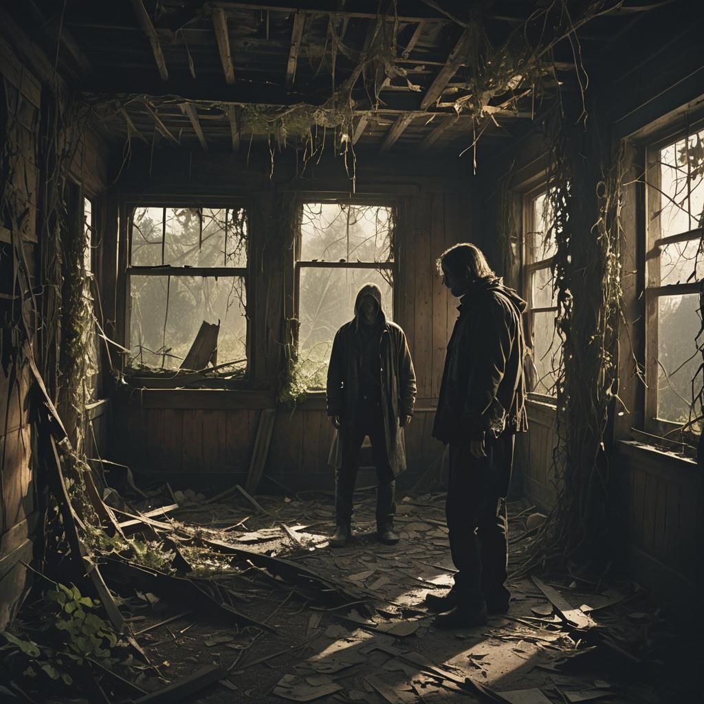 Eerie Figure in Abandoned Shack: Cinematic Film Still