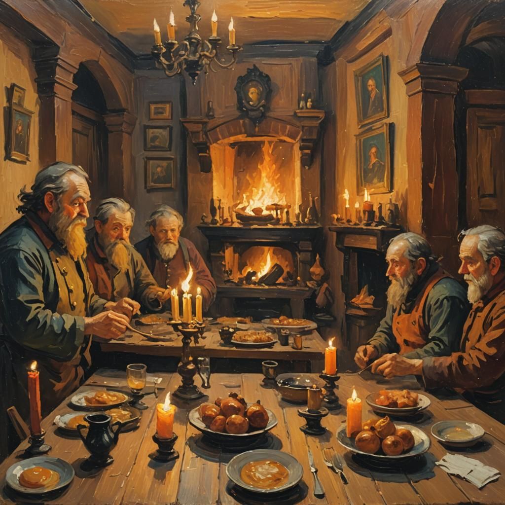 Dwarfs Feast in Expressionist Oil Painting