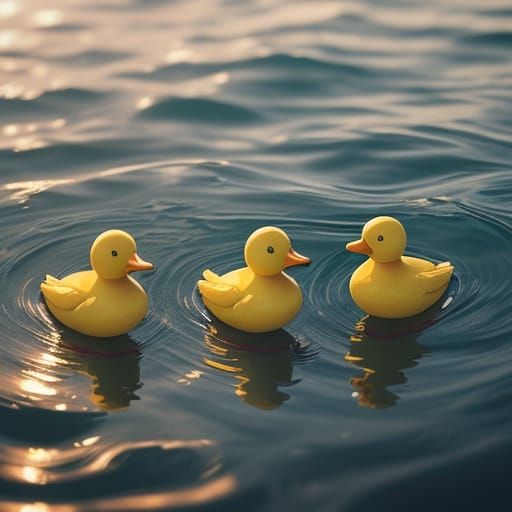 Cinematic Rubber Ducks Adrift on Serene Water