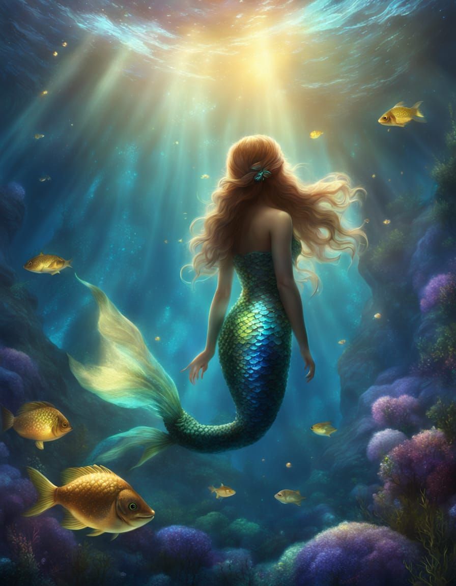 Majestic Mermaid in Ethereal Underwater Grotto