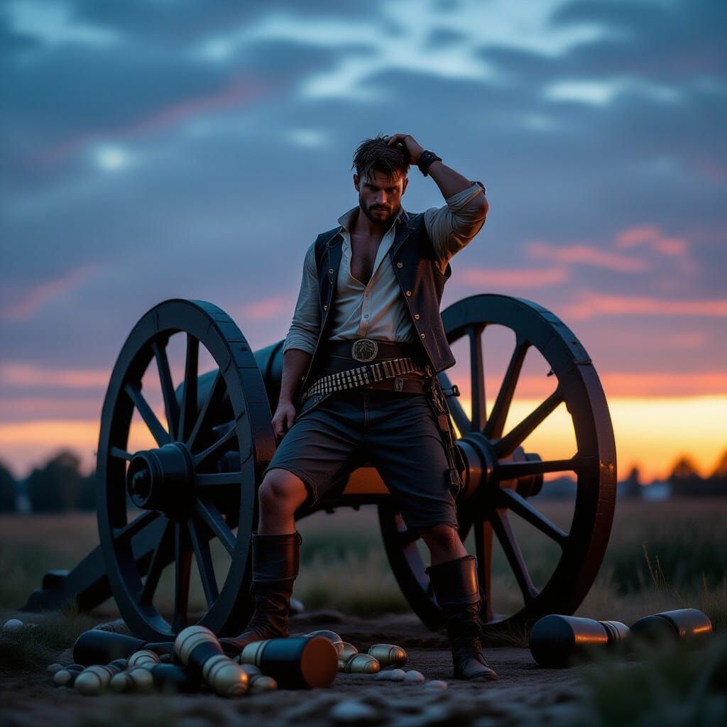 Gritty Warrior Beside Cannon at Dusk in Realism Style