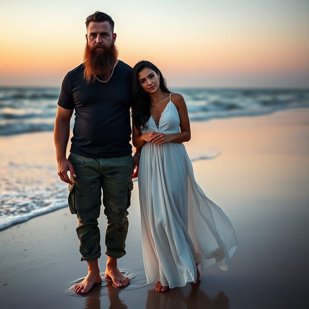 Couple on Sandy Beach at Sunrise in Cinematic Style