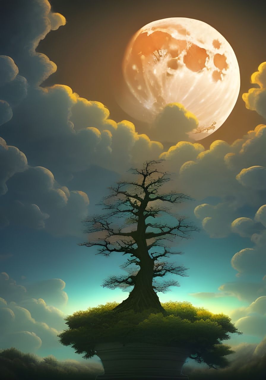 Luminescent Town Inside Bonsai Tree in Surreal Sky