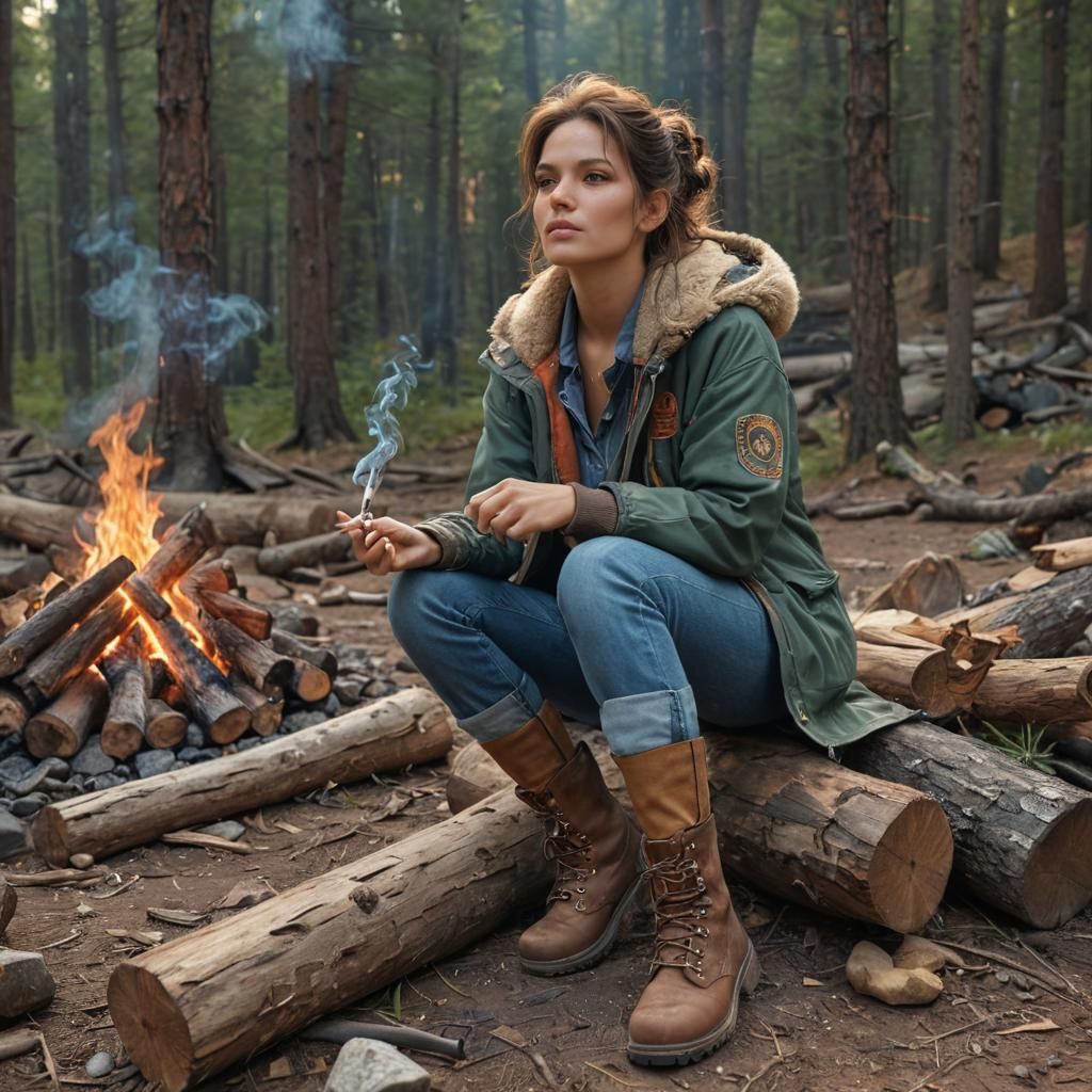 Woman Smokes by Campfire: Detailed Digital Portrait