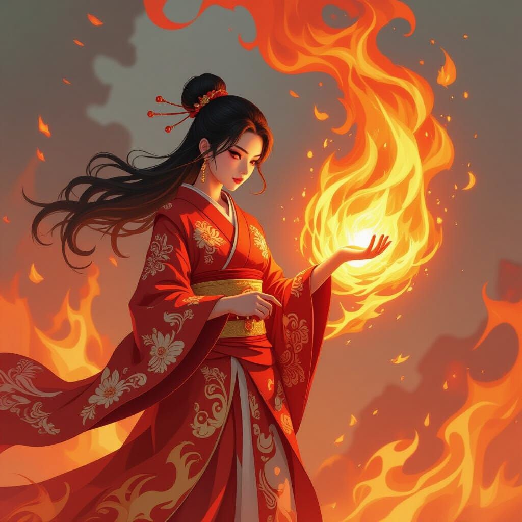 Asian Fire Elementalist in Kimono with Fire Elemental