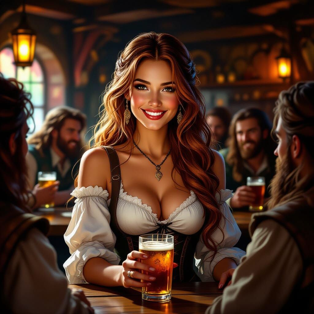 Flirty Tavern Wench Serves Drinks in Art Nouveau Style