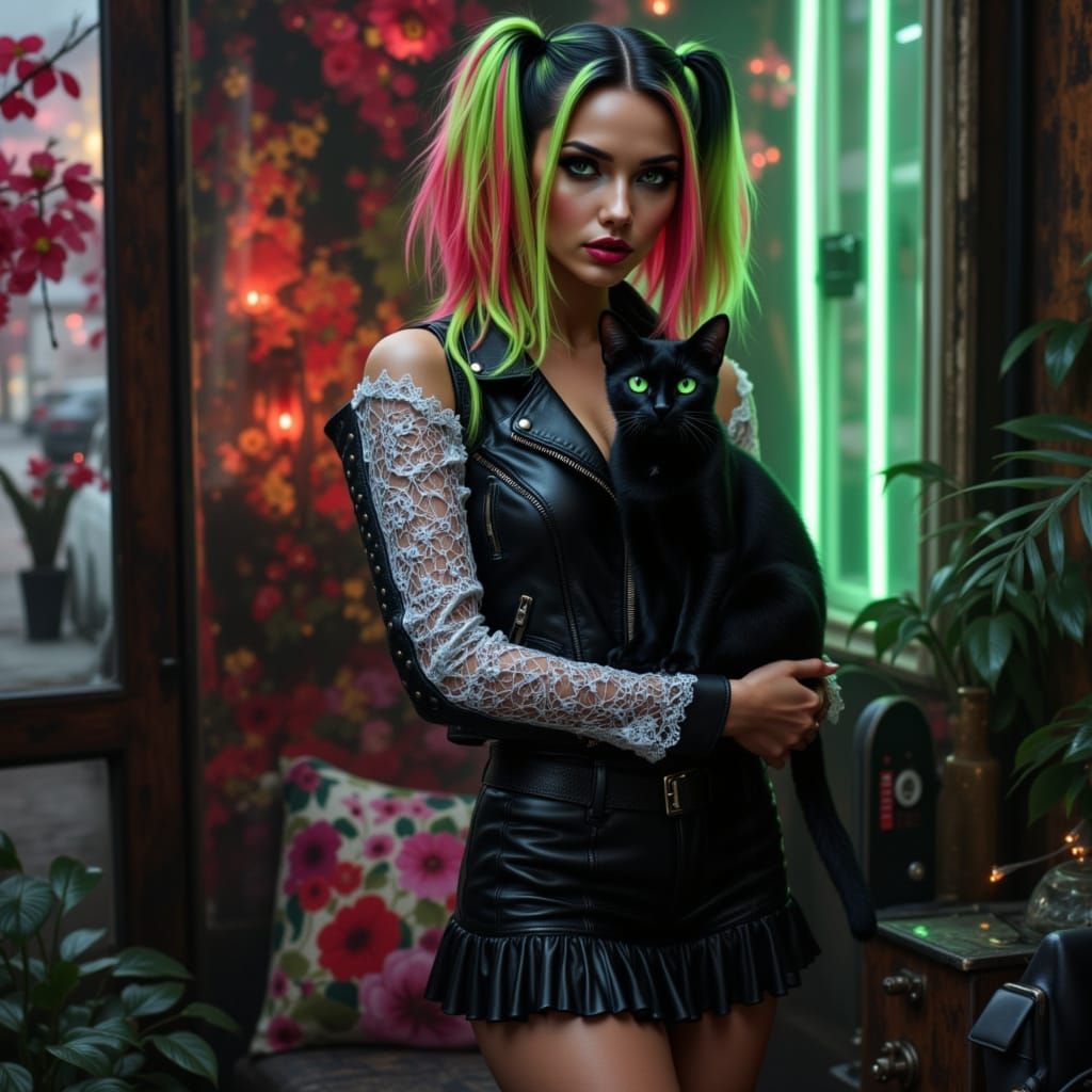 Biker Woman with Pigtails and Black Cat