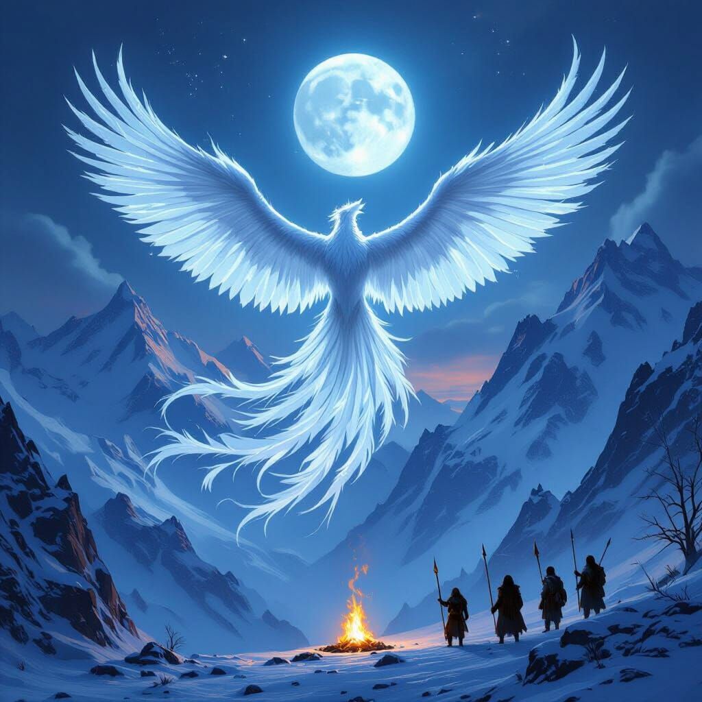Frost Phoenix Soars Over Mountains Above Awe-Struck Tribe