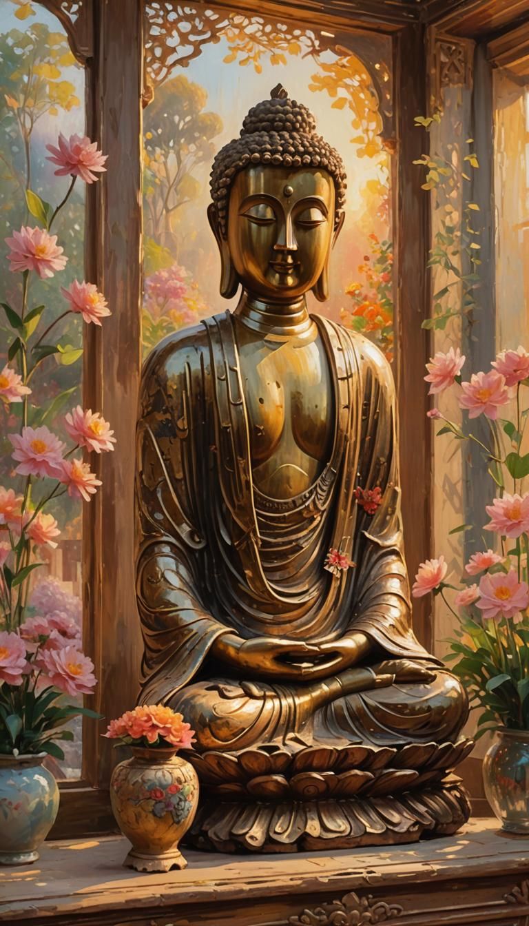 Buddha Statue in Temple: Impressionist Painting