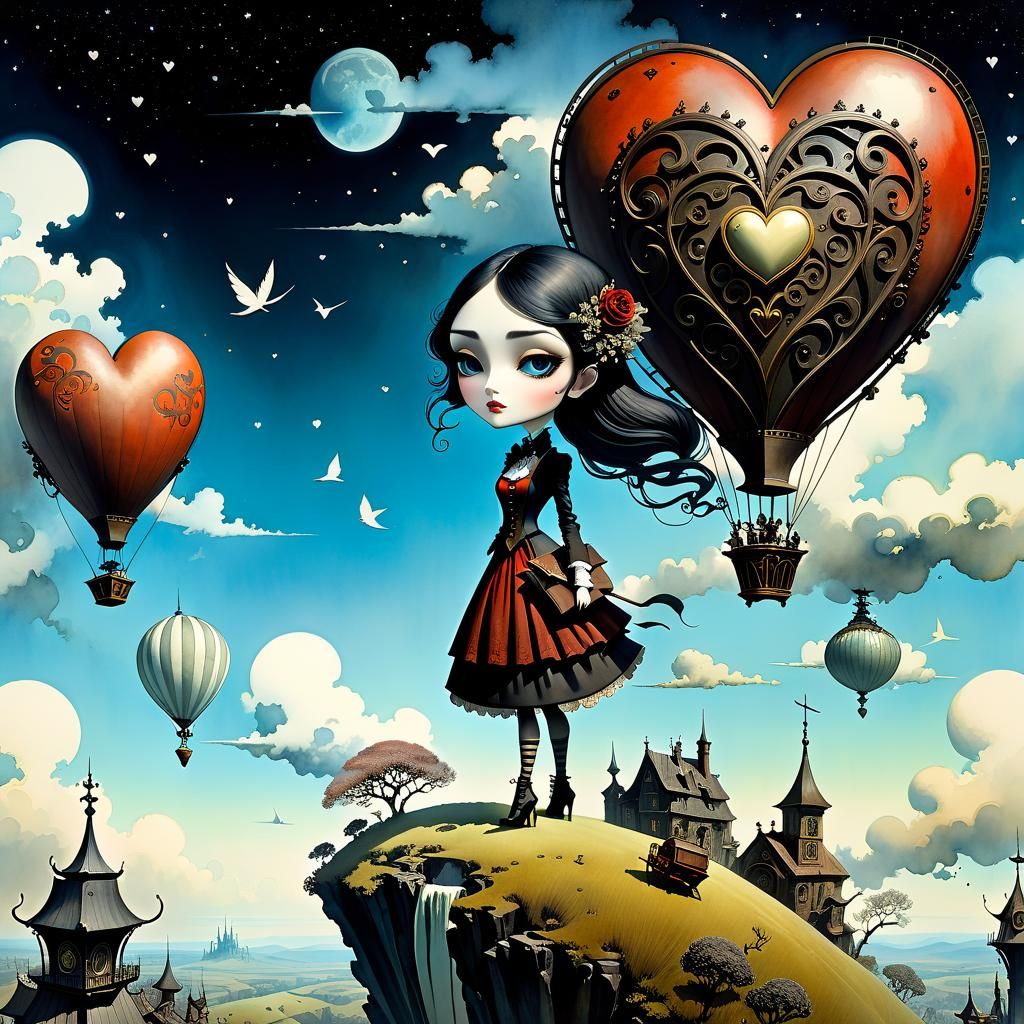 Girl with Big Heart: Watercolor Surrealist Masterpiece