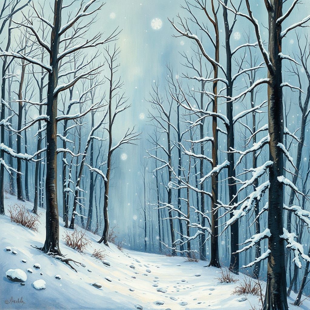 Surreal Snowy Forest Landscape in Impasto Style