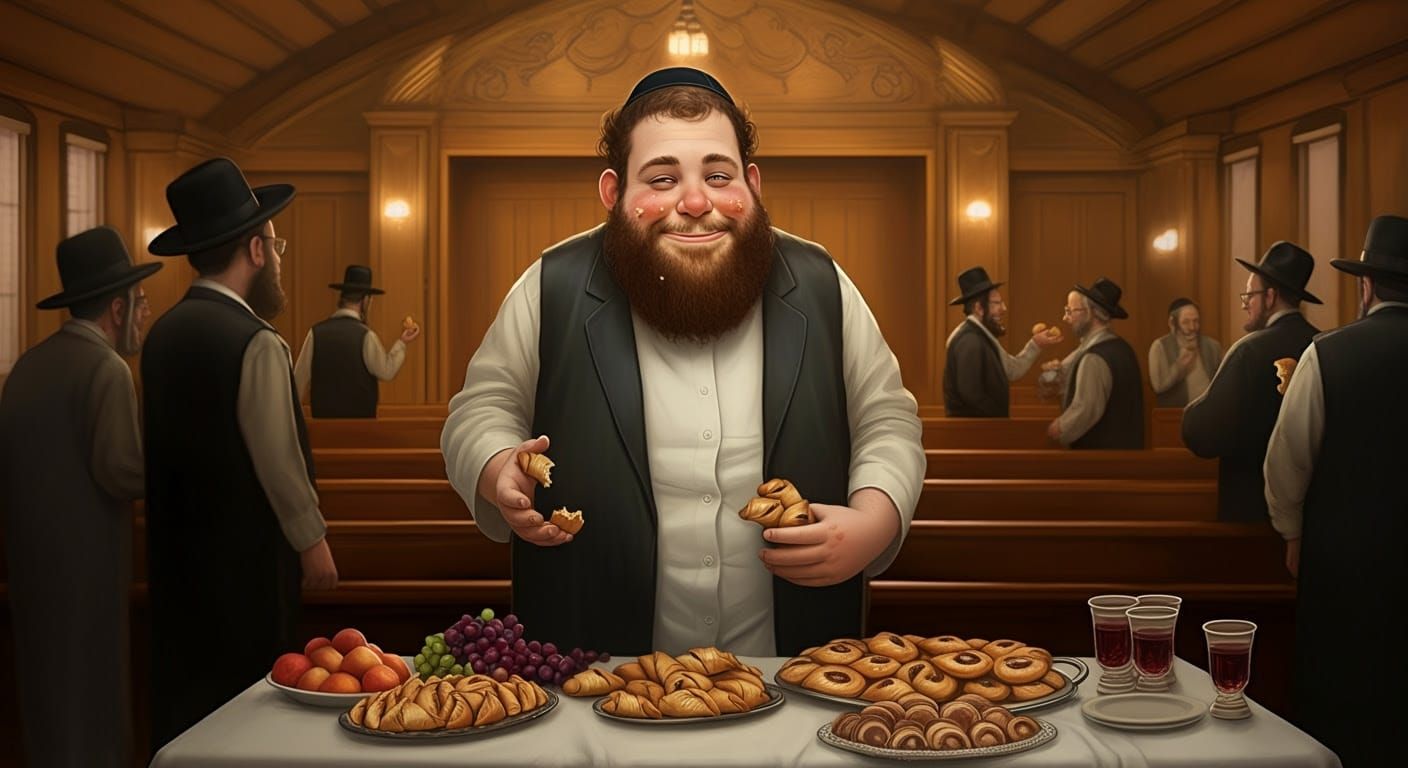Friendly Hasidic Man Devours Pastries at L'chaim Celebration