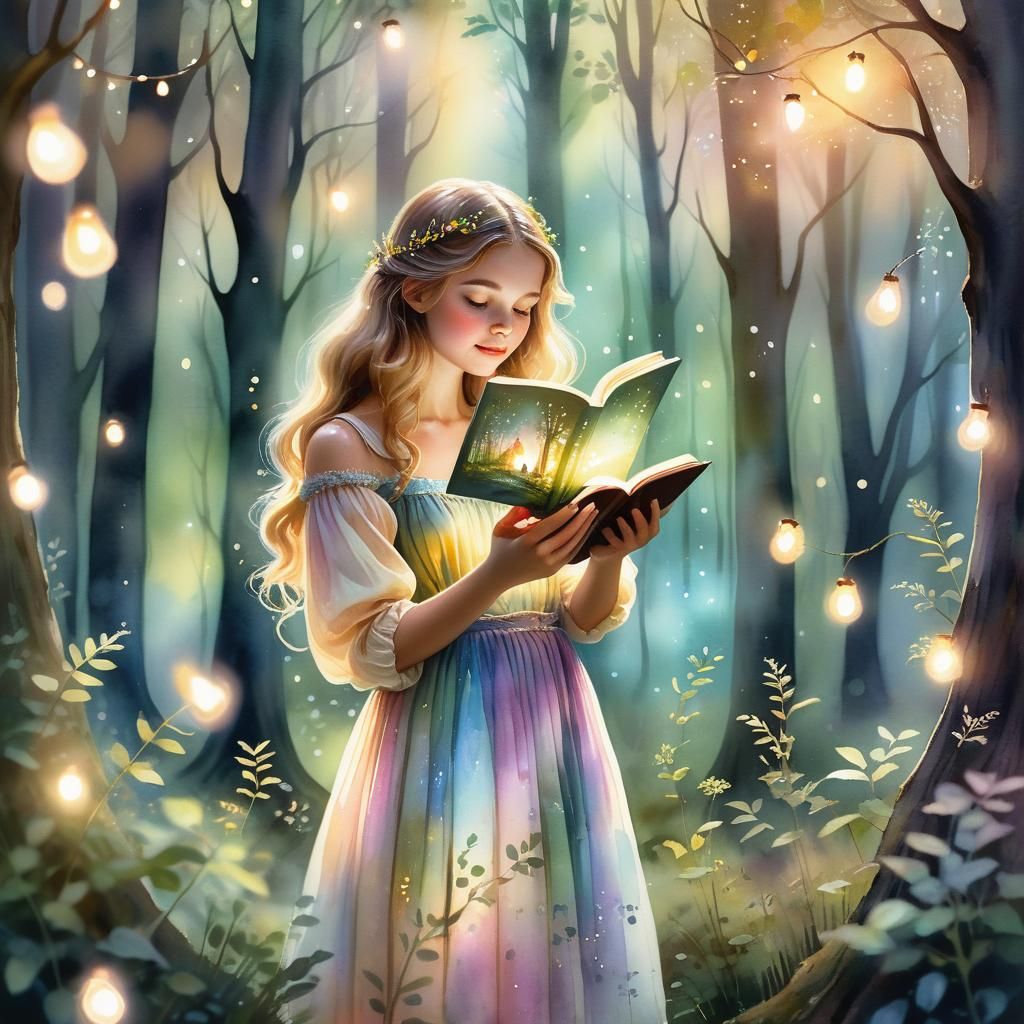 Woman Reading Fairy Tale Book in Watercolor Forest