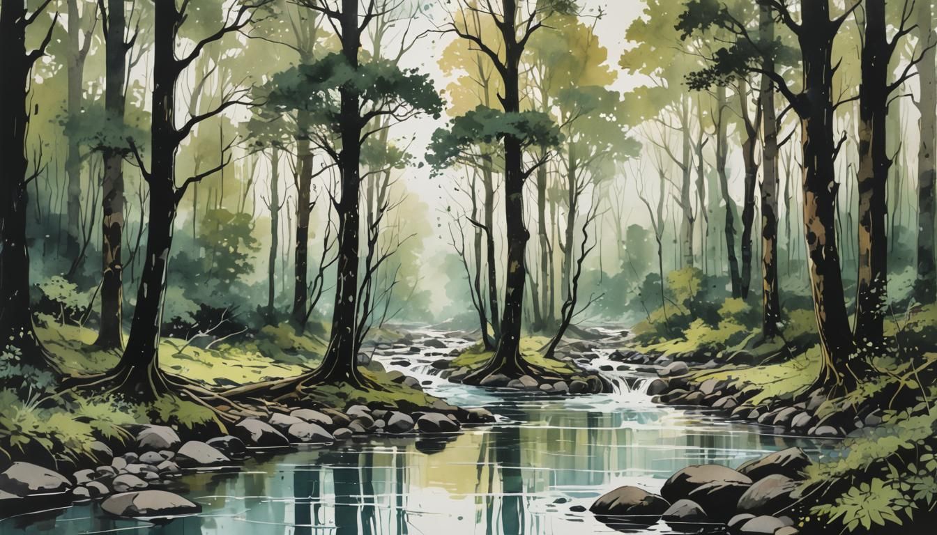Serene Forest Stream in Ink Splatter Art