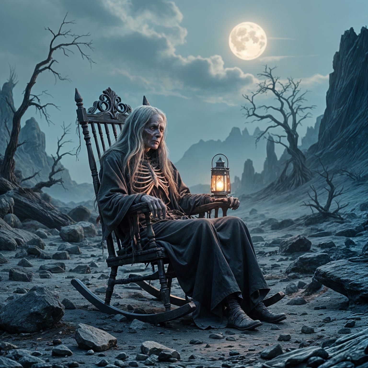 Gothic Rocking Chair on Alien Planet in Horror Style