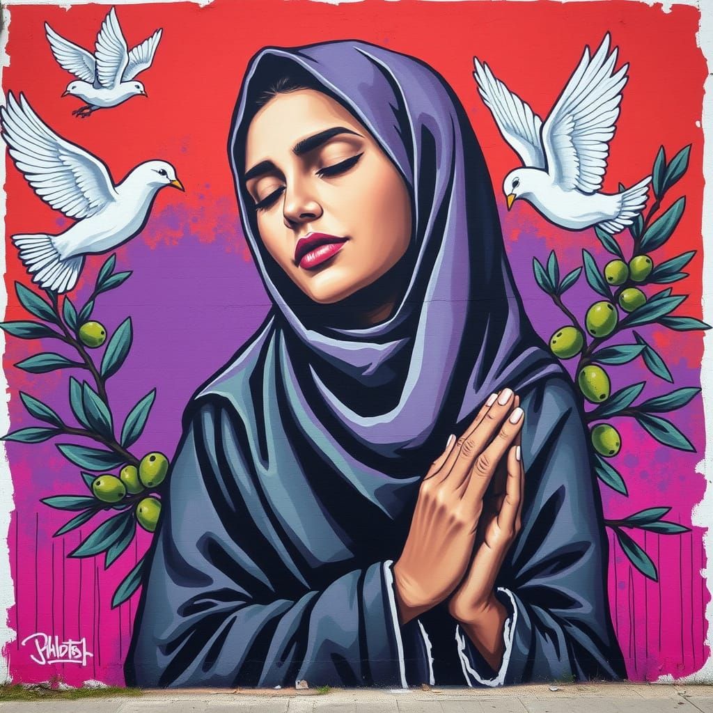 Vibrant Mural of a Woman in Prayer, Surrounded by Doves and ...