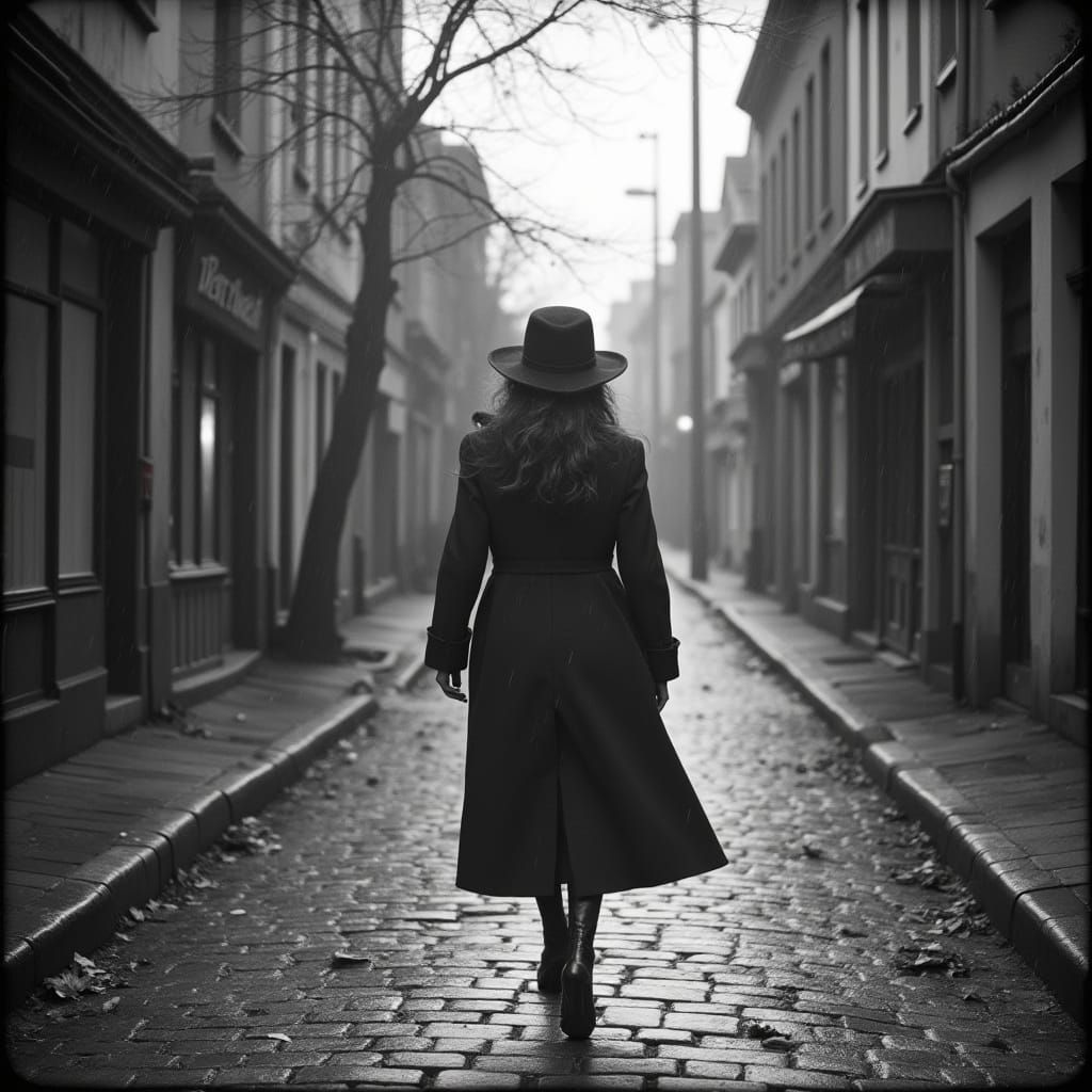 Film Noir Woman Walks Rainy Autumn Street