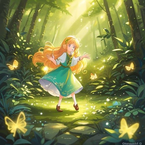 Girl in Whimsical Forest, Vibrant Digital Art