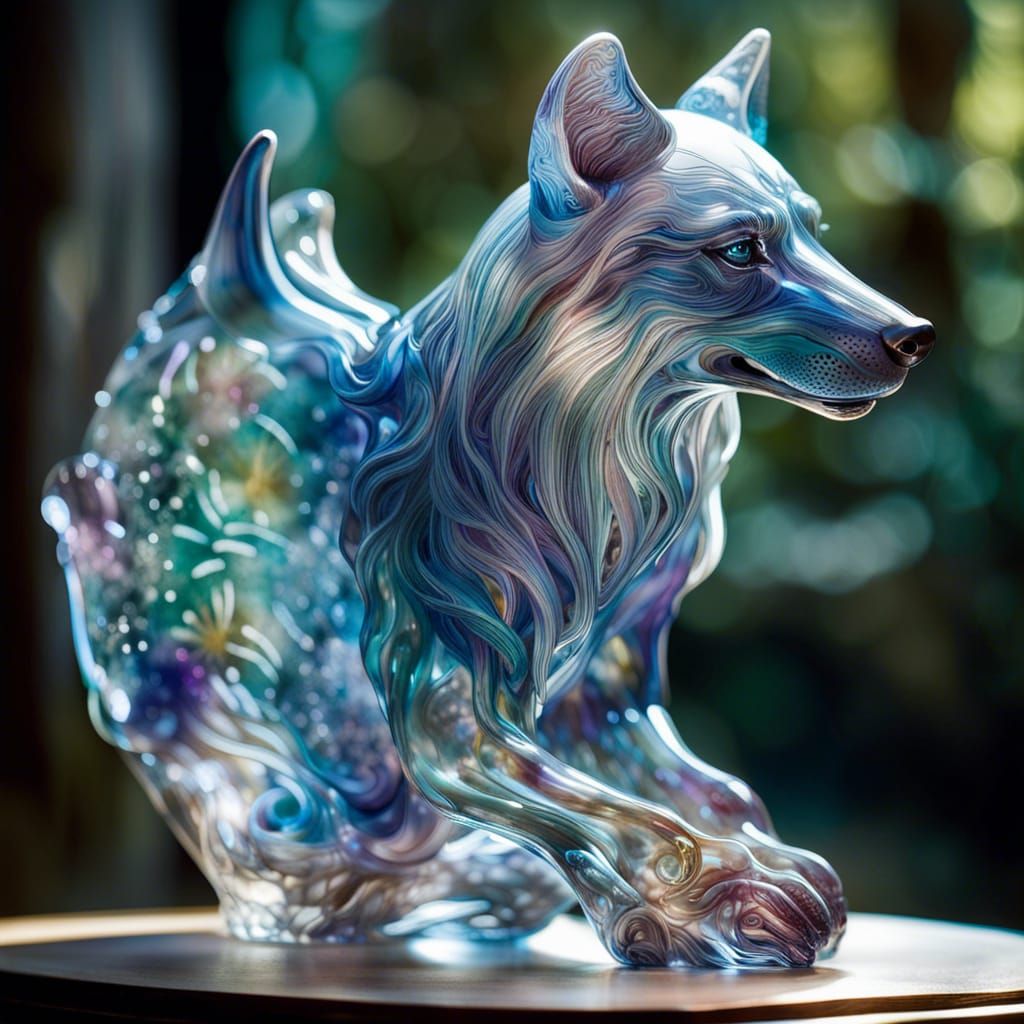 dreamscape a fully transparent Majestic blown glass wolf, aw...