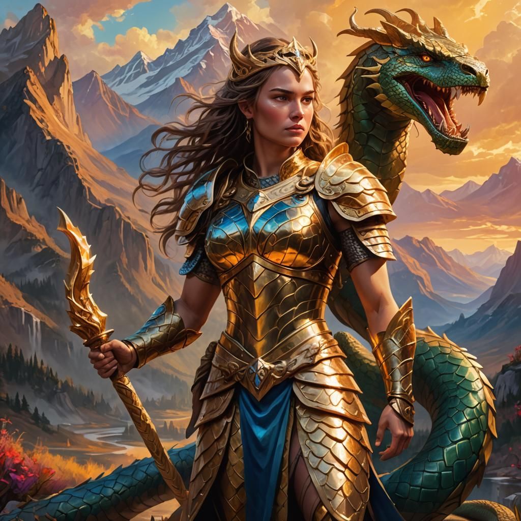 Warrior Princess Holding Serpent in Oil Painting Style