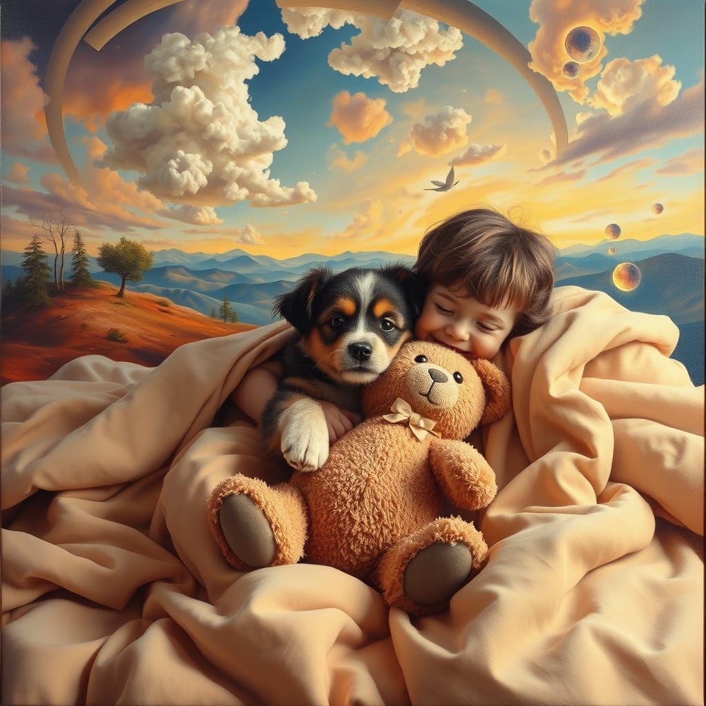 Whimsical Hug in a Dreamy Landscape