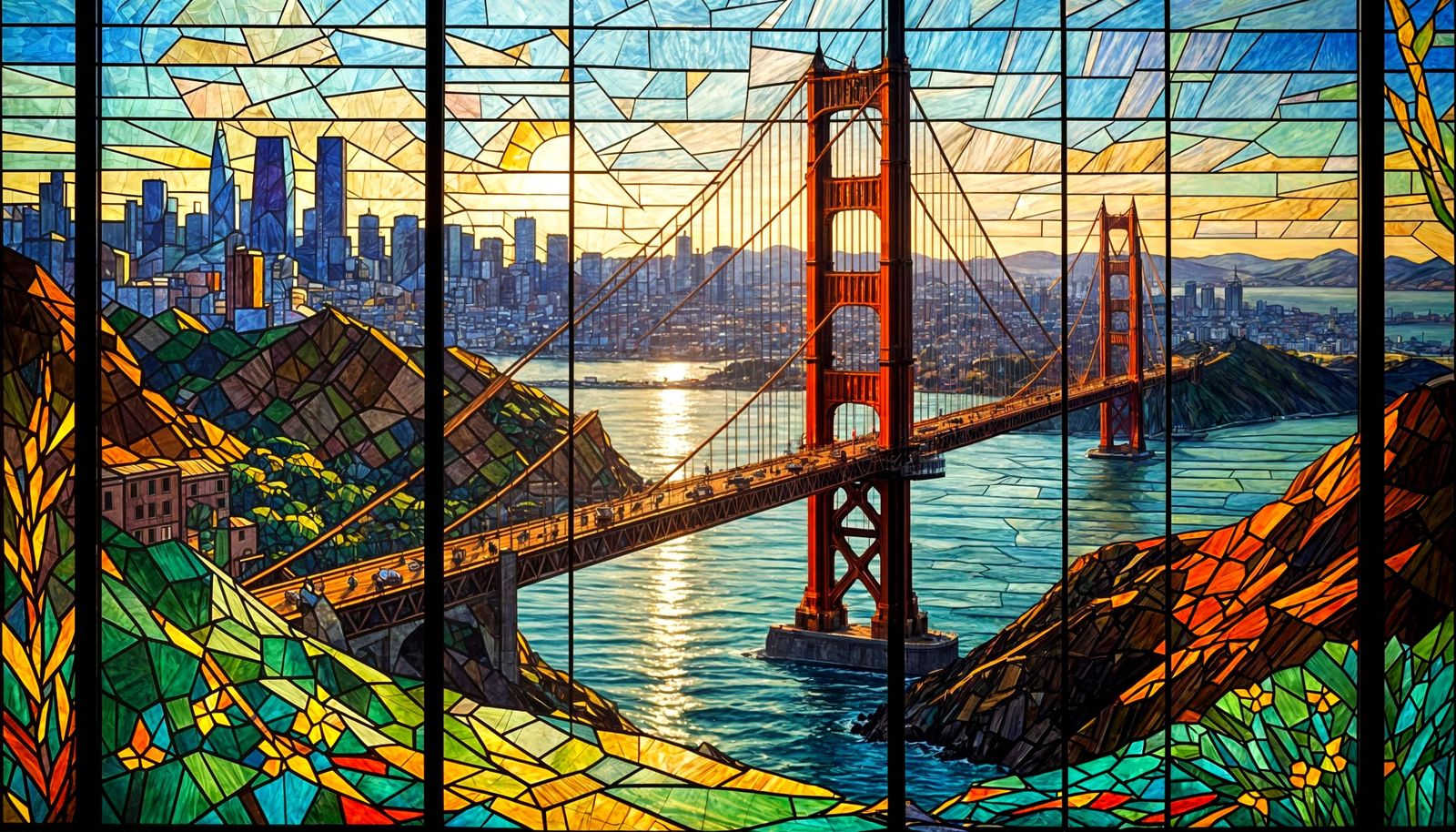Vibrant San Francisco Cityscape in Stained Glass Style