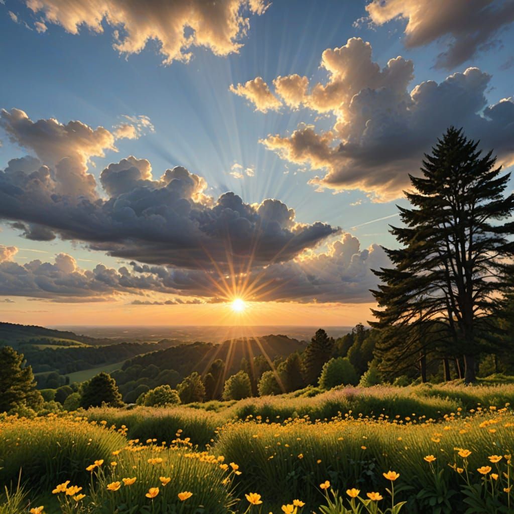 Heavenly Sunshine Beams Through Clouds at Sunset