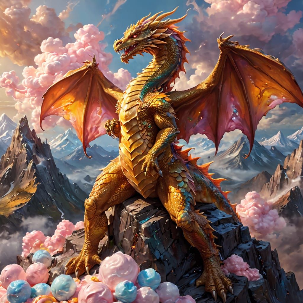 Majestic Dragon on Candy Mountains in Golden Light