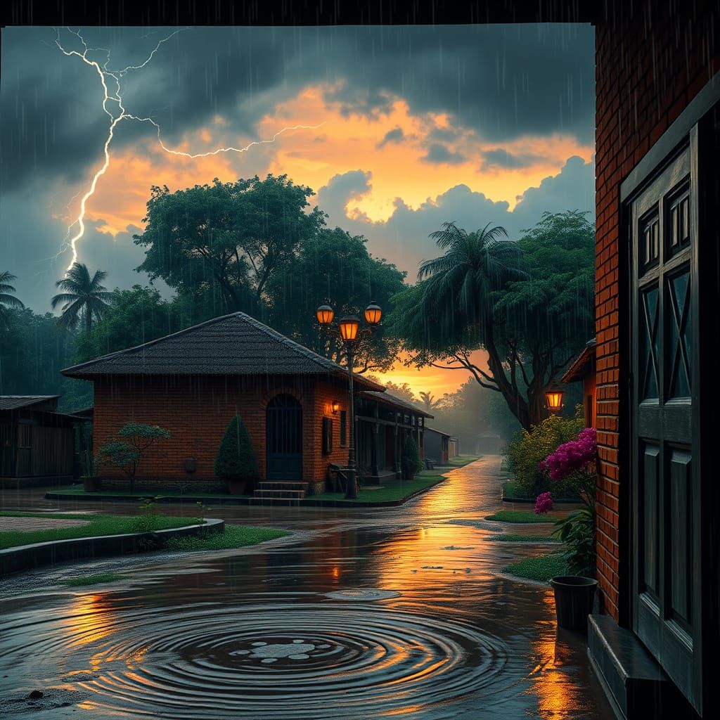 Serenene Dusk on a Forest Village Veranda in Majestic Splash...