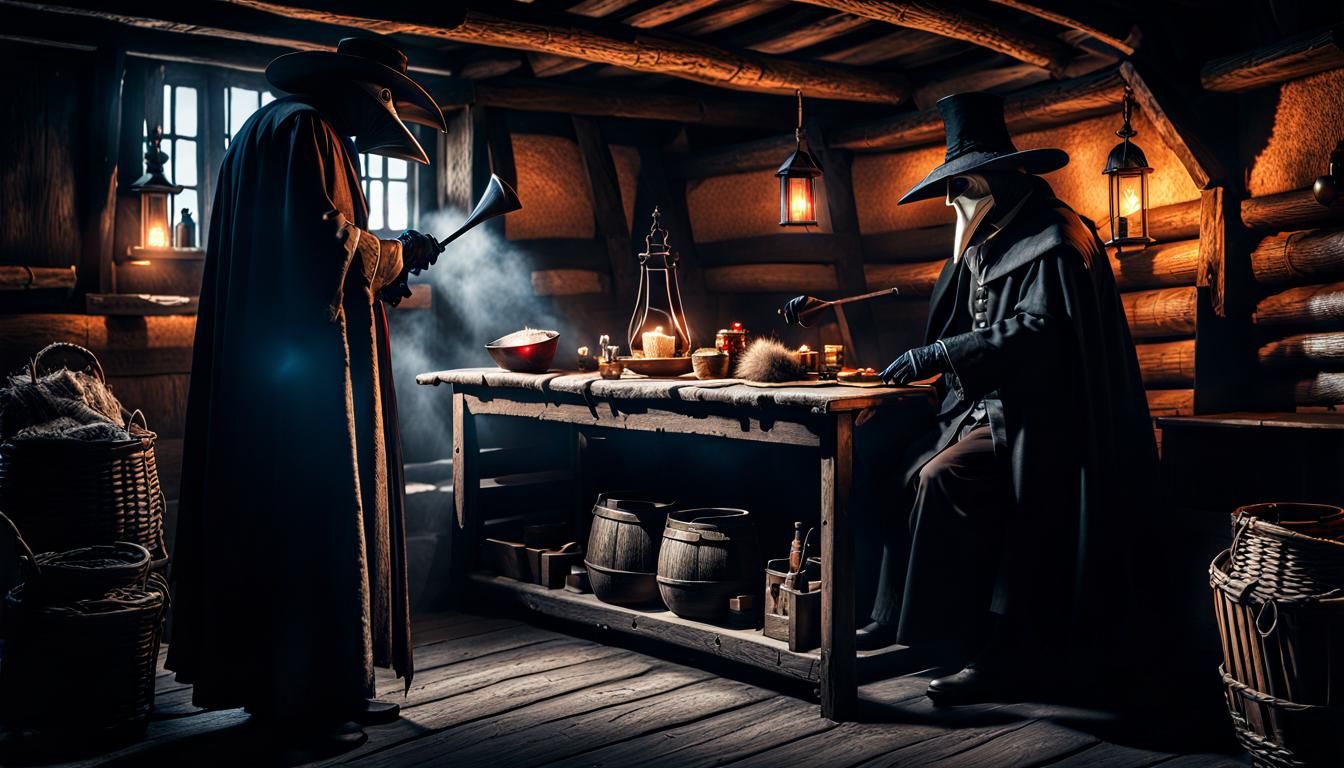 Plague Doctor Examines Patient in Medieval Hut