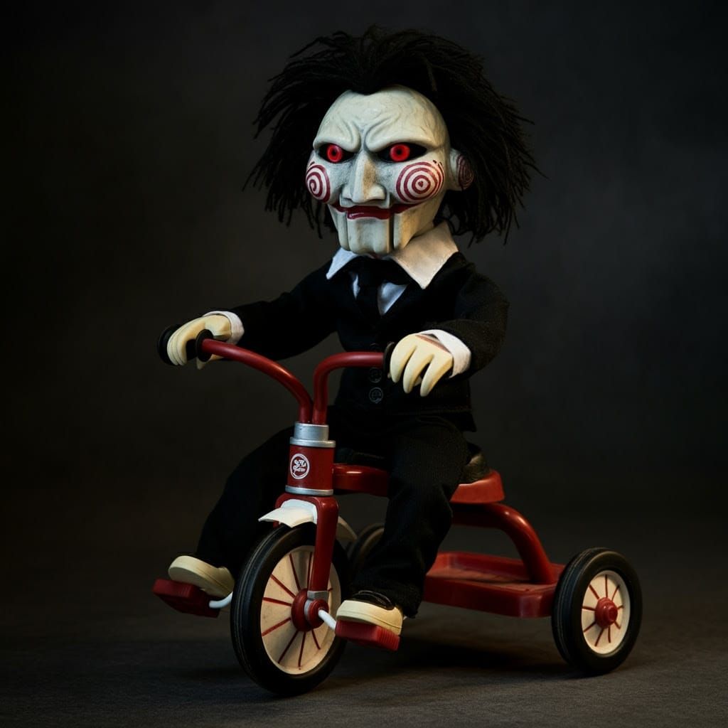 Surreal Horror Icon Rides a Vintage Red Tricycle in Cyberpun...