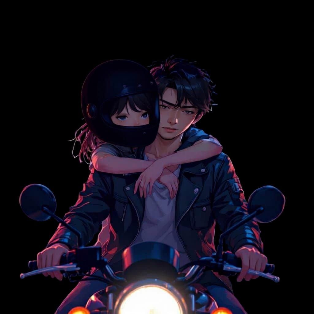 Couple Riding Motorcycle at Night in Anime Style