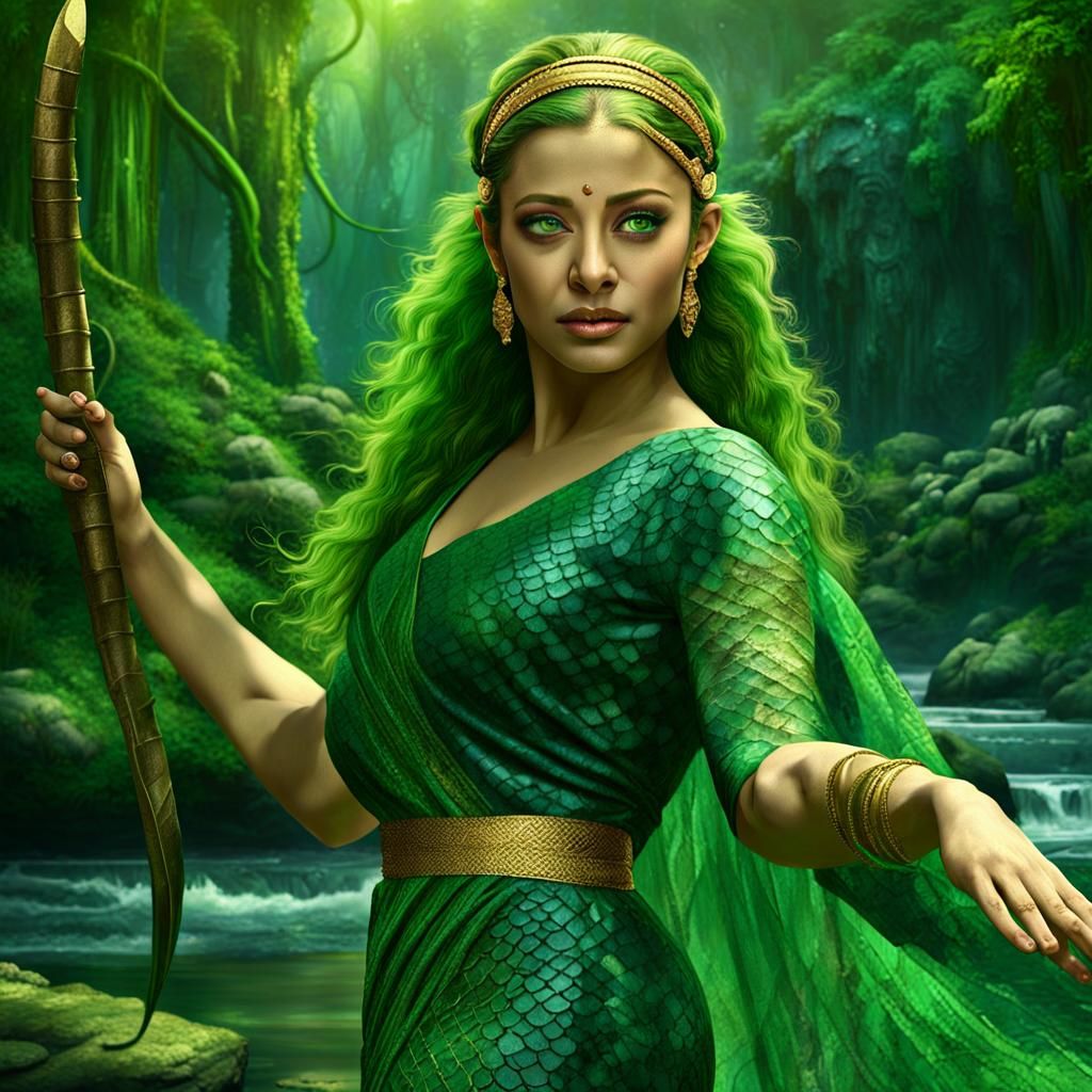 Mysterious Woman in Snake Dress in Jungle Temple