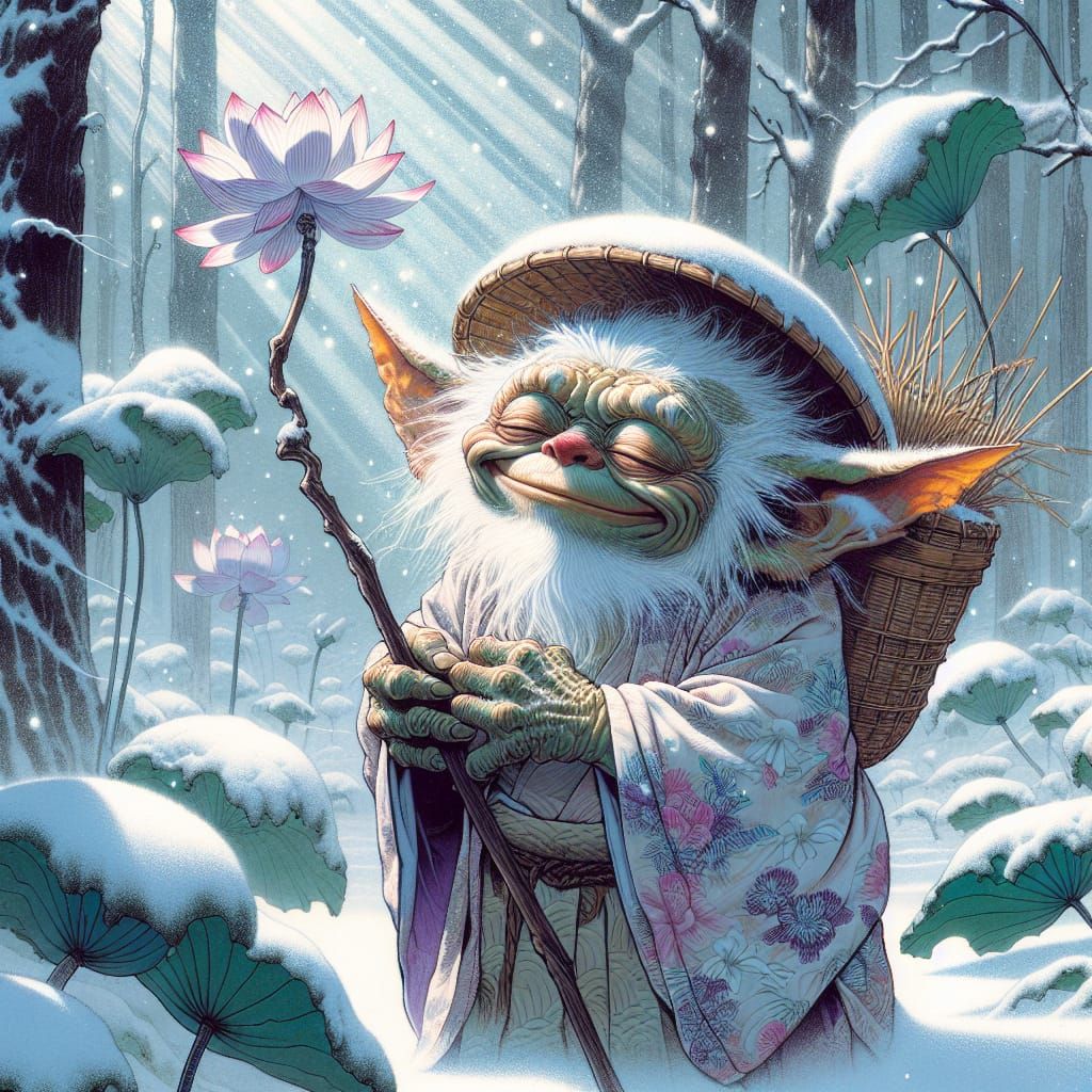 Happy Gremlin with Lightning Stick in Ukiyo-e Style