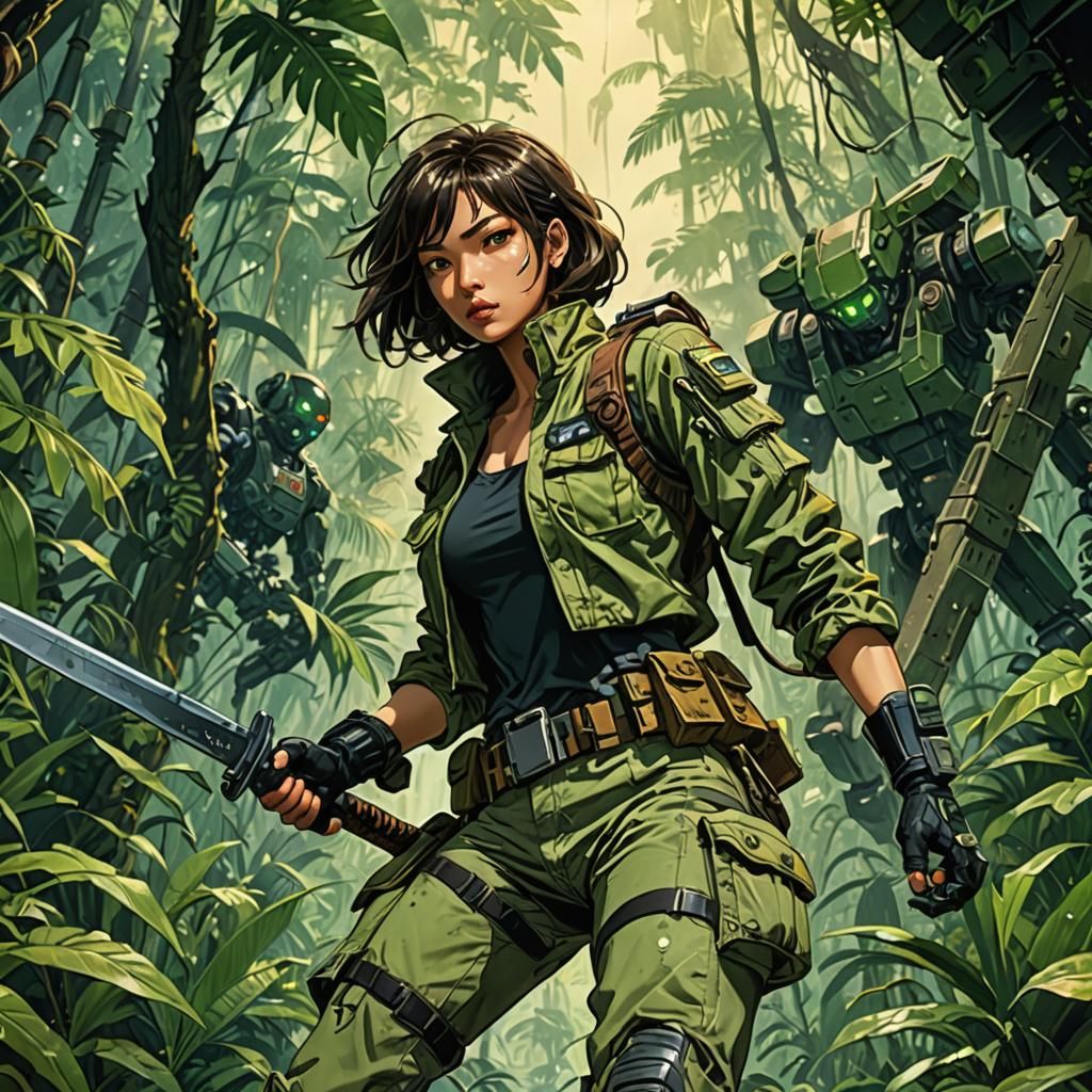 Sci-Fi Anime Soldier in Jungle with Robot