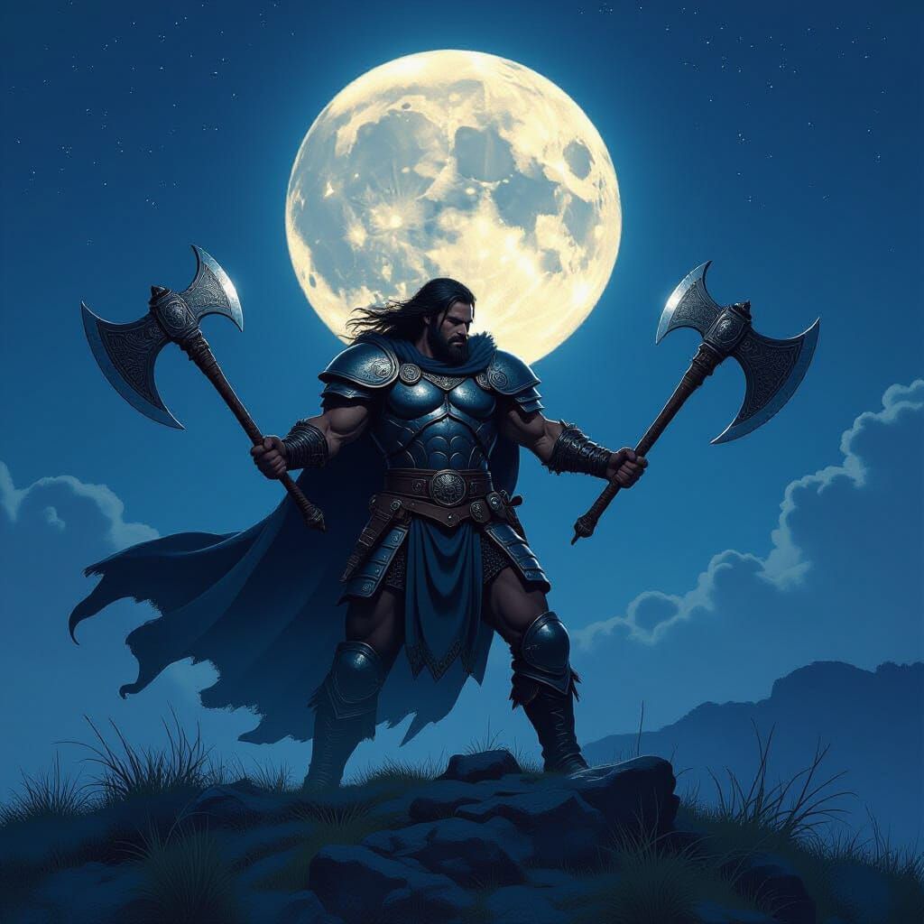 Victorious Warrior with Enchanted Axes Under Moonlight