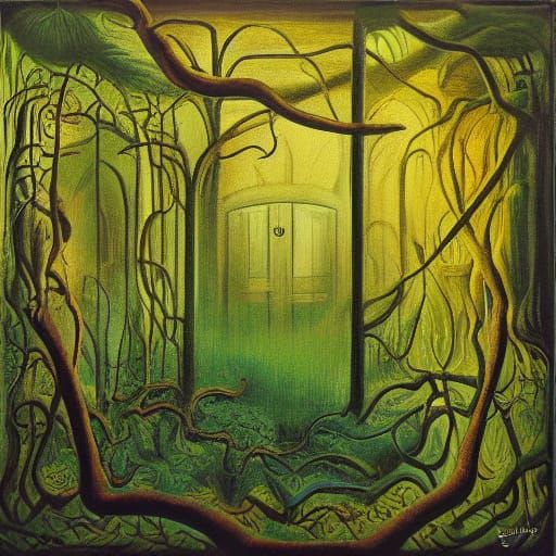 Vibrant Wood Door in a Surreal Forest Landscape