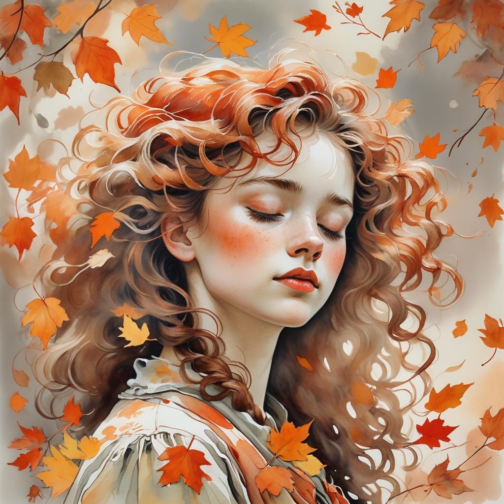 Autumn Leaf Woman in Ethereal Gouache Portrait